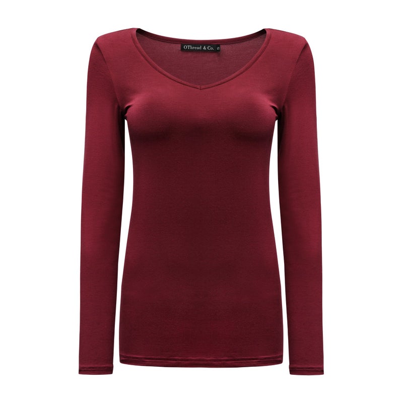 OThread & Co. Women's Long Sleeve T-Shirt V-Neck Basic Layer Stretchy Shirts (Medium, Burgundy) - Image 1